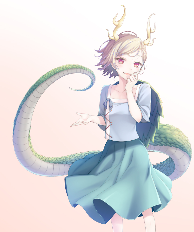 1girl :d bangs blonde_hair blue_ribbon blue_shirt blue_skirt blush collarbone commentary_request dragon_girl dragon_tail eyebrows_visible_through_hair feet_out_of_frame gradient gradient_background hand_on_own_face horns kicchou_yachie long_tail looking_at_viewer midorino_eni open_mouth pink_background red_eyes ribbon scales shirt short_hair short_sleeves skirt smile solo standing swept_bangs tail touhou