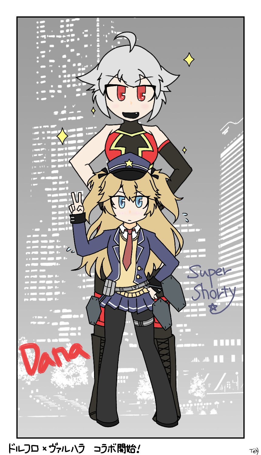 2girls alternate_costume blonde_hair character_name city commentary_request crossover dana_zane fang girls_frontline hat height_difference highres multiple_girls necktie police_hat super_shorty_(girls_frontline) v va-11_hall-a white_hair wrestling_outfit