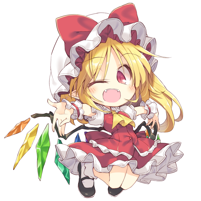 1girl ascot bat_wings blonde_hair blush bow chibi crossed_legs eyebrows_visible_through_hair fangs flandre_scarlet frills full_body hat hat_bow kneeling looking_at_viewer low_wings mob_cap outstretched_arms pointy_ears puffy_short_sleeves puffy_sleeves red_eyes satou_kibi shoes short_hair short_sleeves side_ponytail simple_background skirt skirt_set slit_pupils socks solo spread_arms touhou white_background wings wrist_cuffs yellow_neckwear
