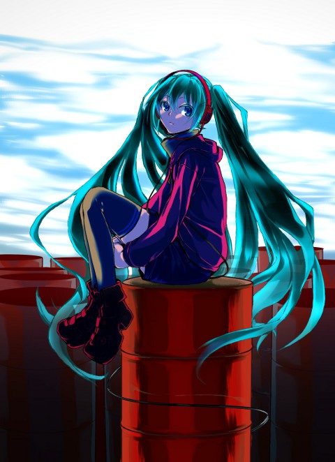 1girl ankle_boots aqua_eyes aqua_hair backlighting blue_sky boots closed_mouth clouds cloudy_sky commentary_request day expressionless from_side full_body hatsune_miku hood hood_down itanoma leg_hug long_hair long_sleeves looking_at_viewer looking_to_the_side platform_boots sitting sky solo thigh-highs thighhighs_under_boots twintails very_long_hair vocaloid