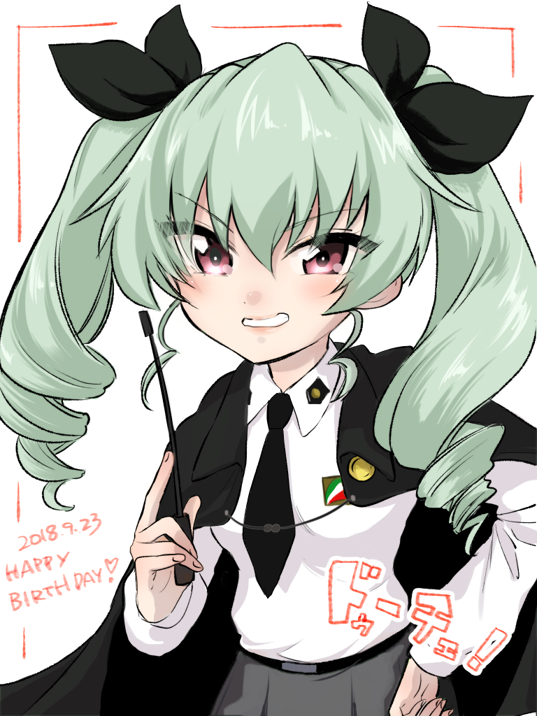 1girl anchovy bangs belt cape dated drill_hair gabgabznzo-go girls_und_panzer green_hair hair_ribbon happy_birthday long_hair long_sleeves looking_at_viewer necktie red_eyes ribbon simple_background skirt smile solo twin_drills twintails