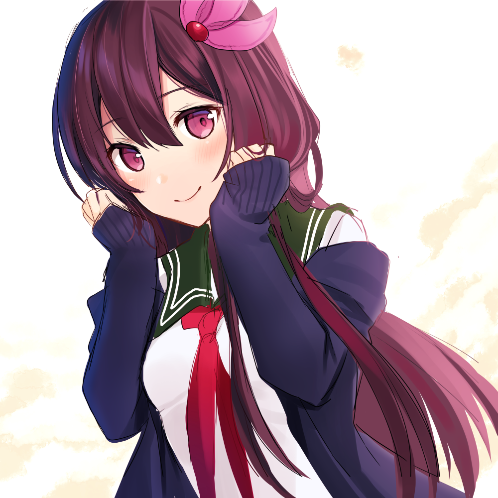 1girl brown_hair commentary_request crescent crescent_moon_pin green_sailor_collar hair_ornament jacket kantai_collection kisaragi_(kantai_collection) long_hair looking_at_viewer neckerchief pink_eyes red_neckwear remodel_(kantai_collection) sailor_collar simple_background smile solo upper_body white_background yunamaro