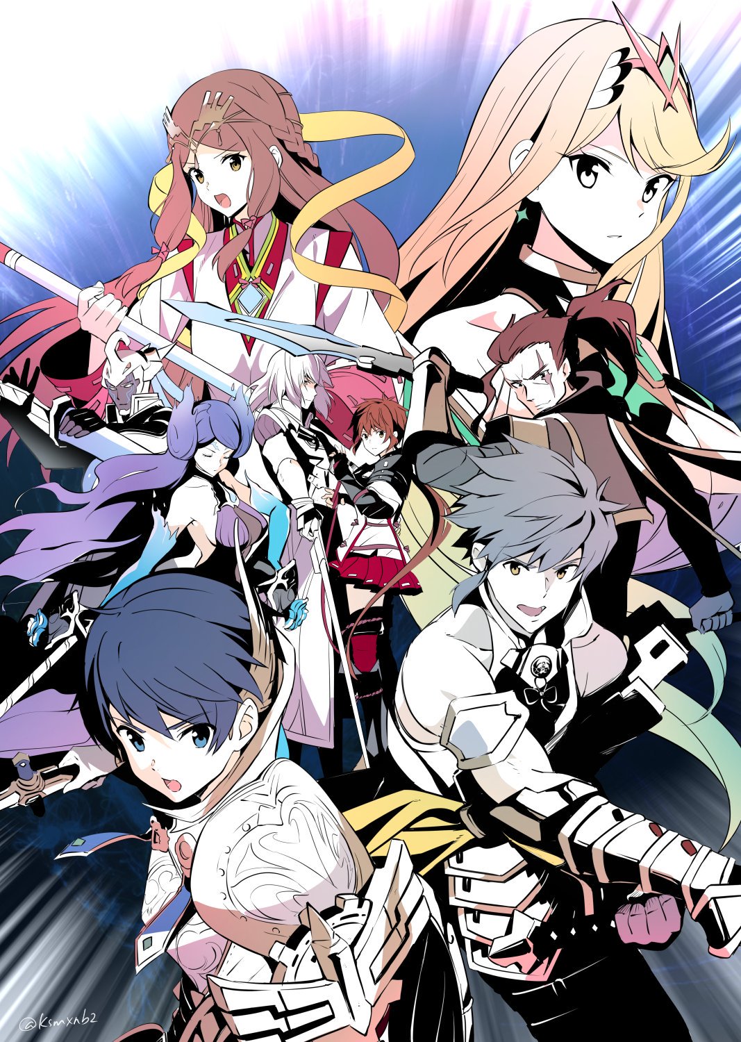 4boys 4girls adel_orudou armor bangs black_hair blonde_hair blue_eyes blush breasts chest_jewel closed_eyes collarbone fan_la_norne feather_hair fire gem gloves hair_ornament hair_ribbon headpiece highres hugo_el_superbia japanese_clothes kagutsuchi_(xenoblade) long_hair looking_at_viewer lora_(xenoblade_2) milt_(xenoblade_2) misu_kasumi multiple_girls mythra_(xenoblade) open_mouth parted_lips pauldrons purple_hair redhead ribbon shin_(xenoblade) short_hair shoulder_armor simple_background smile swept_bangs tiara wadatsumi_(xenoblade) white_hair xenoblade_(series) xenoblade_2 xenoblade_2:_ogon_no_kuri_ira yellow_eyes