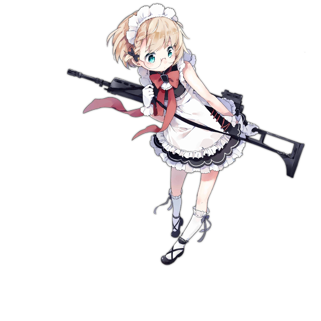 1girl alternate_costume assault_rifle blonde_hair blue_eyes braid full_body g36_(girls_frontline) girls_frontline glasses gloves gun h&amp;k_g36 heckler_&amp;_koch maid maid_headdress official_art rifle short_hair shuzi sling_(weapon) solo transparent_background weapon younger