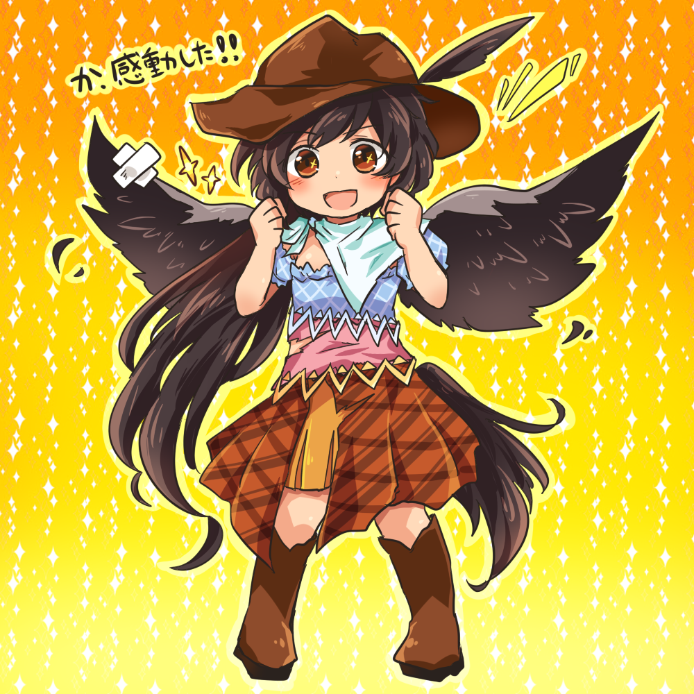 +_+ 1girl arms_up bandana bird_wings black_hair blush boots brown_eyes brown_footwear brown_headwear chibi clenched_hands cowboy_boots cowboy_hat crossed_bandaids dress feathered_wings feathers full_body gradient gradient_background hat hat_feather horse_tail kurokoma_saki layered_dress long_hair looking_at_viewer open_mouth orange_background outline ponytail pote_(ptkan) solo sparkle_background standing tachi-e tail torn_clothes torn_dress touhou translated very_long_hair wings yellow_background