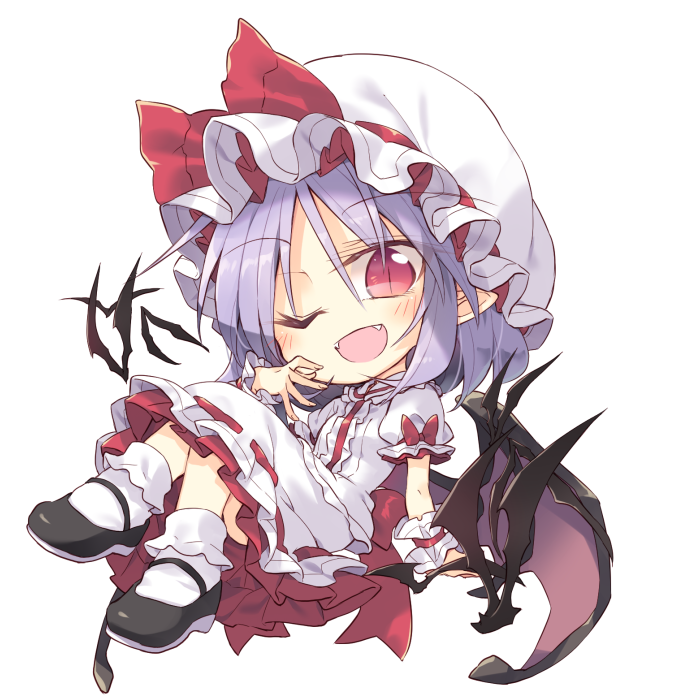 1girl bat bat_wings blush bow chibi crossed_legs eyebrows_visible_through_hair fangs frills full_body hat hat_bow lavender_hair looking_at_viewer low_wings mob_cap pointy_ears puffy_short_sleeves puffy_sleeves red_eyes remilia_scarlet satou_kibi shoes short_hair short_sleeves simple_background sitting skirt skirt_set slit_pupils socks solo touhou white_background wings wrist_cuffs