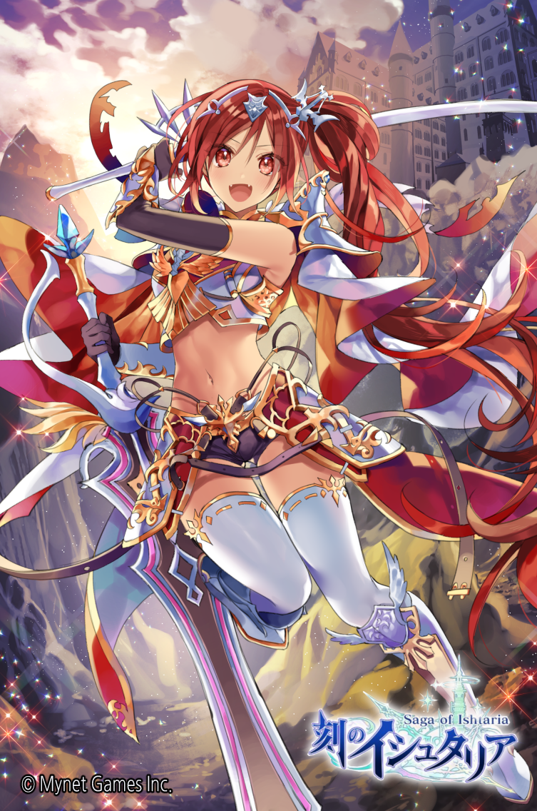 1girl :d age_of_ishtaria armor armored_boots bare_shoulders black_gloves black_shorts boots breastplate building clouds cloudy_sky commentary_request copyright_name crop_top dual_wielding elbow_gloves fangs faulds gambe gauntlets gloves hair_ornament holding holding_sword holding_weapon leg_up long_hair looking_at_viewer midriff navel official_art open_mouth outdoors rapier red_eyes redhead short_shorts shorts shoulder_armor side_ponytail sky sleeveless smile solo spaulders sunlight sword thigh-highs very_long_hair watermark weapon white_legwear