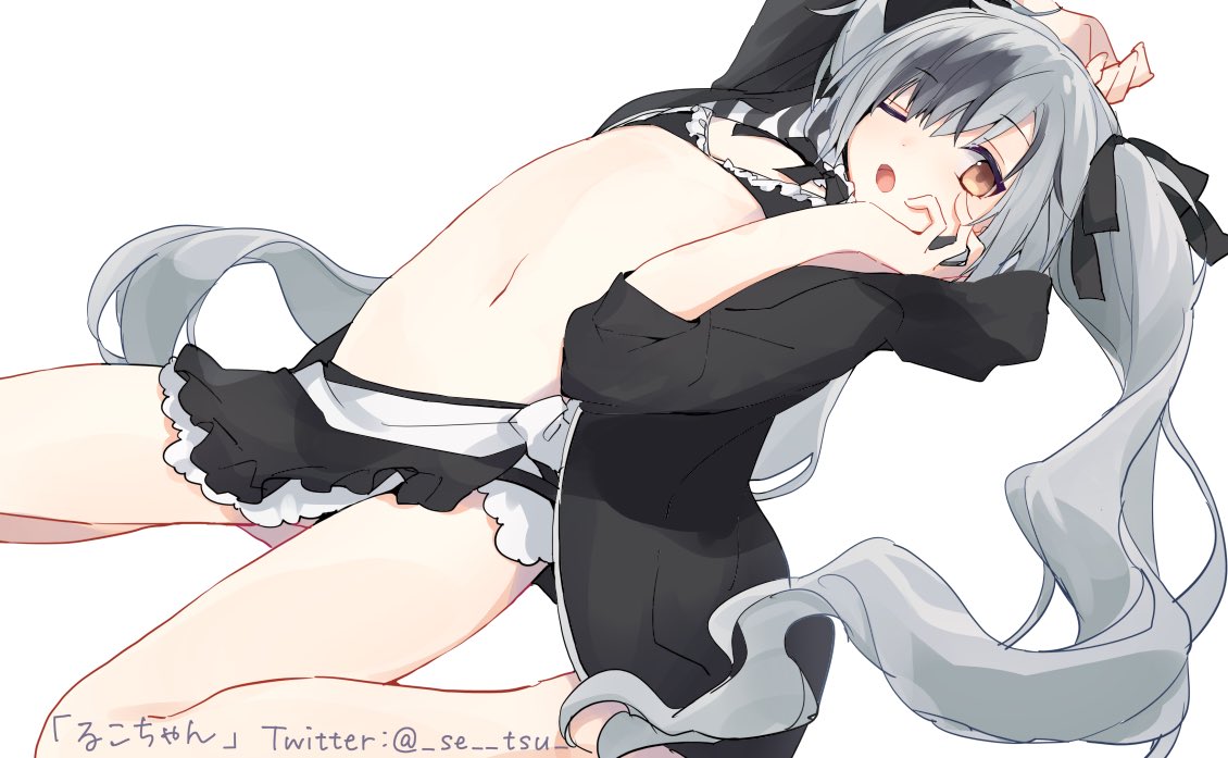 1boy bikini black_bikini_top black_hair black_ribbon blush feet_out_of_frame flat_chest grey_hair hair_ribbon hand_on_own_cheek long_hair looking_at_viewer male_focus micro_bikini multicolored_hair navel nijisanji one_eye_closed open_mouth otoko_no_ko rakuxtsukopikorin ribbon simple_background solo suzuki_masaru swimsuit thighs twintails twitter_username very_long_hair virtual_youtuber white_background yellow_eyes