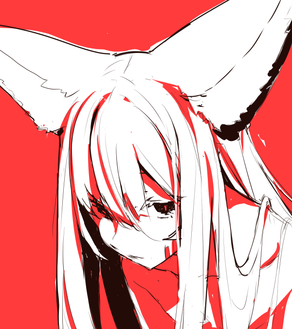 1girl animal_ears bangs closed_mouth collarbone facial_mark fox_ears hair_between_eyes leaning_forward long_hair looking_away monochrome nude original red_background simple_background solo upper_body yuuji_(yukimimi)