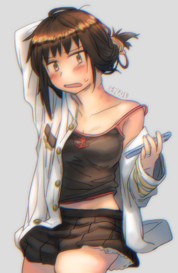 1girl artist_logo black_hair black_shirt black_skirt brown_eyes cellphone commentary_request cowboy_shot ergot fubuki_(kantai_collection) grey_background hair_down holding holding_hair jacket_on_shoulders kantai_collection looking_at_viewer messy_hair military military_uniform naval_uniform phone pleated_skirt shirt simple_background skirt sleeveless sleeveless_shirt solo tank_top uniform