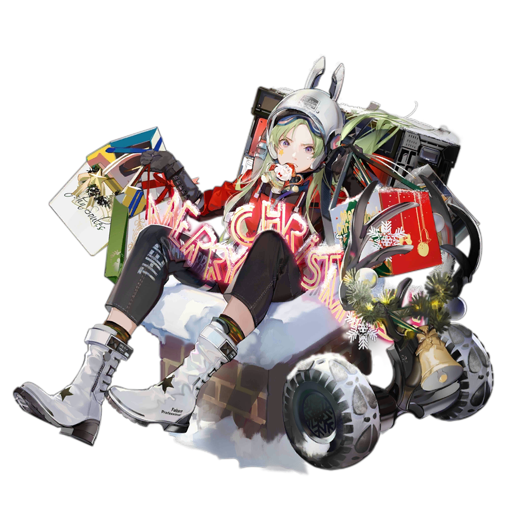 1girl alternate_costume animal_ears antlers black_gloves black_legwear blonde_hair boots chimney christmas denim facial_mark fake_animal_ears fp-6_(girls_frontline) gift girls_frontline gloves green_hair ground_vehicle helmet jacket jeans long_hair long_pants looking_at_viewer motor_vehicle nineo official_art pants red_jacket scooter solo star transparent_background very_long_hair