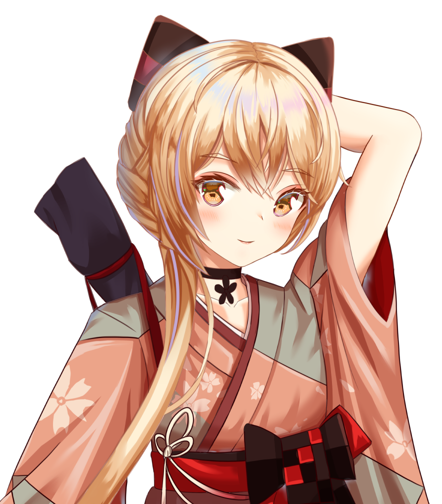 1girl bangs black_choker blonde_hair blush boots choker eyebrows_visible_through_hair girls_frontline gloves hair_between_eyes hair_ornament hair_ribbon hakama hakama_skirt japanese_clothes jewelry long_hair long_sleeves looking_at_viewer neck_ring ots-14_(girls_frontline) red_skirt ribbon rino_rea sidelocks simple_background skirt smile solo standing very_long_hair yellow_eyes