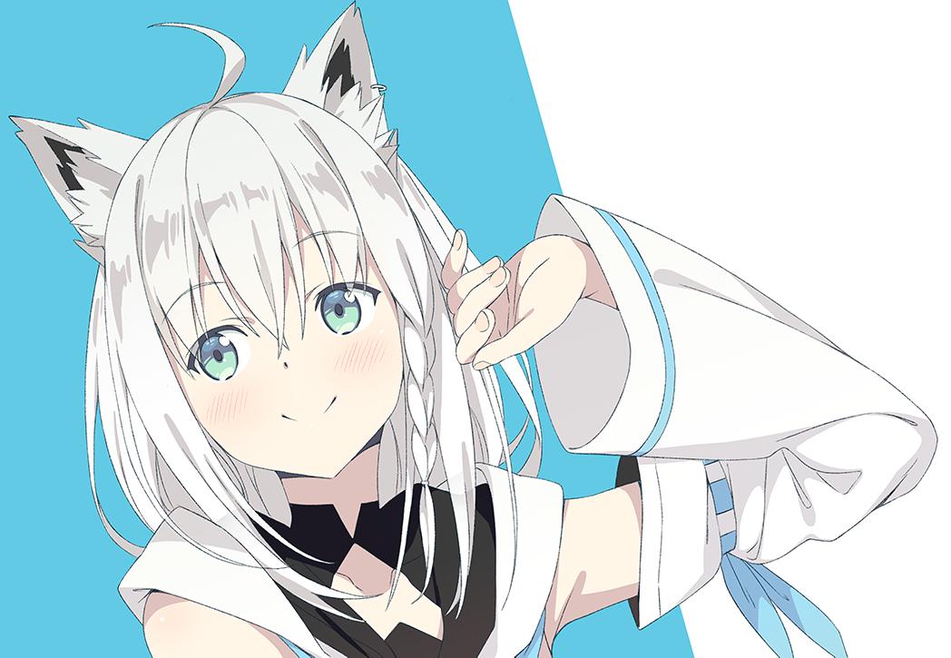 1girl ahoge animal_ear_fluff animal_ears armpits bangs bare_shoulders blush braid commentary detached_sleeves eyebrows_visible_through_hair fox_ears green_eyes hair_between_eyes hololive jewelry kanzaki_hiro long_hair looking_to_the_side shirakami_fubuki side_braid simple_background single_earring smile solo upper_body virtual_youtuber white_hair