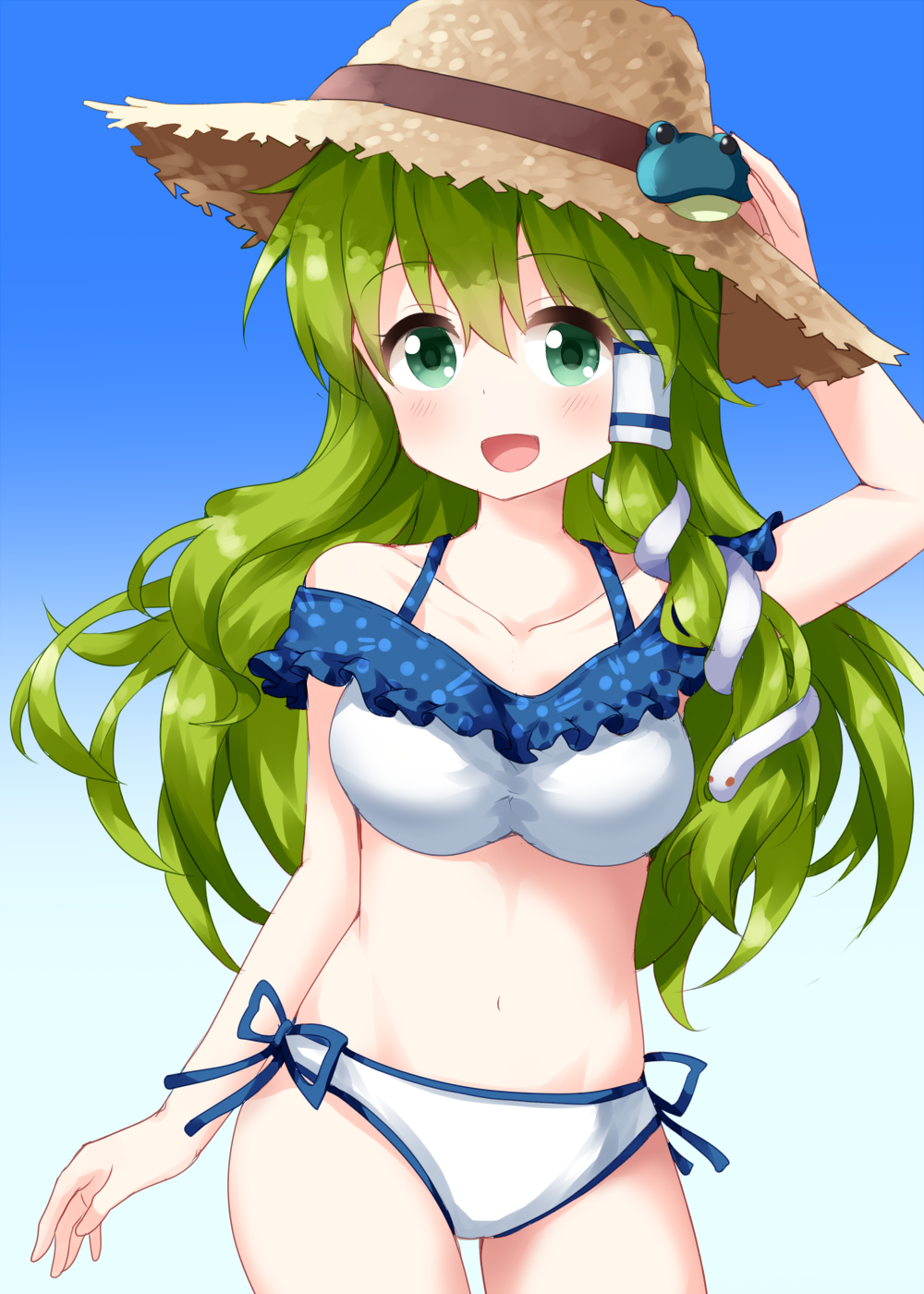 1girl :d arm_up bangs bare_arms bare_shoulders bikini blue_background blush breasts collarbone commentary_request eyebrows_visible_through_hair frog_hair_ornament gradient gradient_background green_eyes green_hair groin hair_between_eyes hair_ornament hair_tubes hand_on_headwear hat highres kochiya_sanae large_breasts long_hair looking_at_viewer navel off_shoulder open_mouth ruu_(tksymkw) side-tie_bikini sidelocks smile snake_hair_ornament solo standing stomach straw_hat sun_hat swimsuit touhou white_bikini