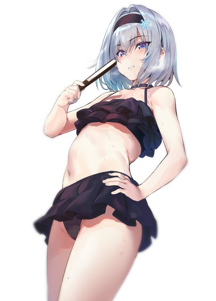 1girl bikini bikini_skirt black_bikini choker commentary_request eyebrows_visible_through_hair fan from_below hair_between_eyes hair_intakes hair_ornament hairband hand_on_hip holding holding_fan iku_(ikuchan_kaoru) looking_at_viewer navel parted_lips ryuuou_no_oshigoto! short_hair silver_hair simple_background snowflake_hair_ornament solo sora_ginko swimsuit teeth white_background