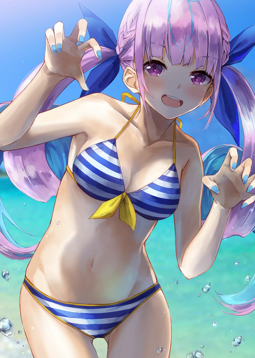 1girl bikini blue_bikini blue_hair blue_nails blush cowboy_shot day hair_ribbon highres hololive konkito long_hair looking_at_viewer maid_headdress minato_aqua multicolored_hair nail_polish navel ocean open_mouth outdoors purple_hair ribbon smile solo striped striped_bikini swimsuit twintails two-tone_hair violet_eyes virtual_youtuber water yellow_ribbon