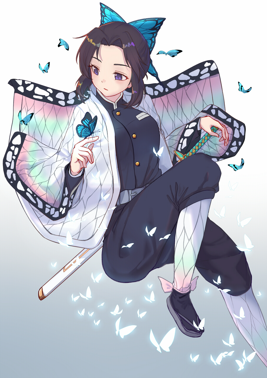 1girl animal animal_on_hand bangs black_hair black_jacket black_pants breasts butterfly_hair_ornament butterfly_on_finger commentary_request forehead gradient gradient_background grey_background grey_footwear hair_ornament highres itachi_kanade jacket katana kimetsu_no_yaiba kochou_shinobu long_sleeves looking_away medium_breasts open_clothes pants parted_bangs parted_lips sheath sheathed sidelocks solo sword violet_eyes weapon white_background white_legwear wide_sleeves zouri