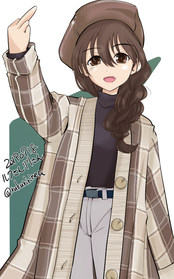 1girl bangs belt braid brown_eyes brown_hair coat girls_und_panzer hat long_hair long_sleeves middle_finger open_mouth pants rukuriri rukuriritea smile solo turtleneck