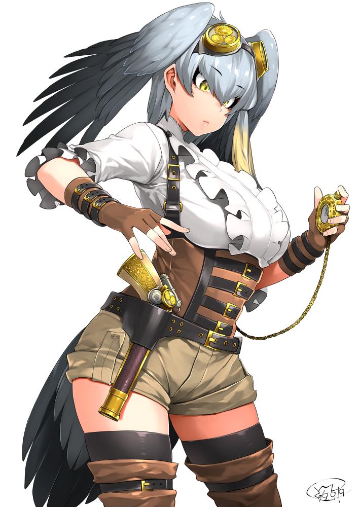 1girl alternate_costume bird_tail black_hair boots brown_gloves closed_mouth commentary_request cowboy_shot dated eyebrows_visible_through_hair fingerless_gloves gloves green_eyes grey_hair gun hair_between_eyes handgun happa_(cloverppd) head_wings kemono_friends multicolored_hair shoebill_(kemono_friends) short_sleeves shorts signature simple_background solo thigh-highs thigh_boots thighhighs_under_boots weapon white_background