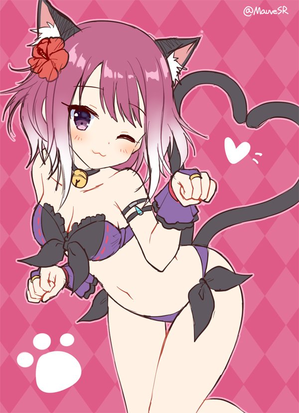 1girl ;3 animal_ears argyle argyle_background bare_shoulders bikini blush bridal_gauntlets brown_eyes brown_hair cat_ears cat_girl cat_tail character_request closed_mouth collarbone commentary_request flower front-tie_bikini front-tie_top gradient_hair hair_flower hair_ornament hand_up heart_tail_duo leaning_forward looking_at_viewer mauve multicolored_hair multiple_tails navel nekomata paw_pose princess_connect! princess_connect!_re:dive purple_bikini red_flower side-tie_bikini solo strapless strapless_bikini swimsuit tail twitter_username two_tails white_hair