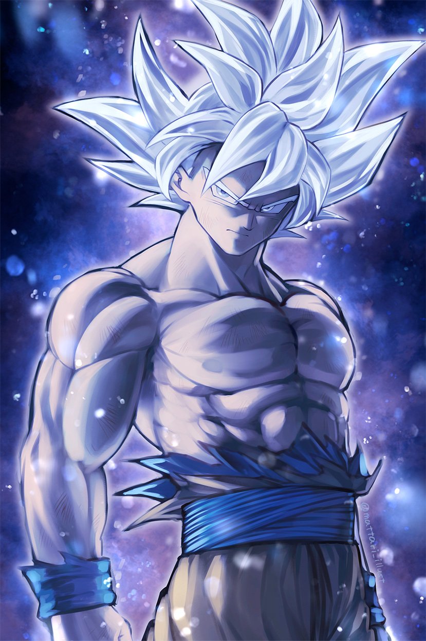 1boy abs arms_at_sides aura black_background blurry bokeh bruise chest dark_background depth_of_field dougi dragon_ball dragon_ball_super expressionless floating_hair frown gradient gradient_background grey_eyes highres injury light_particles looking_away male_focus mattari_illust muscle nipples pectorals purple_background serious shaded_face shirt shirtless simple_background son_gokuu spiky_hair torn_clothes torn_shirt twitter_username ultra_instinct upper_body white_background white_hair