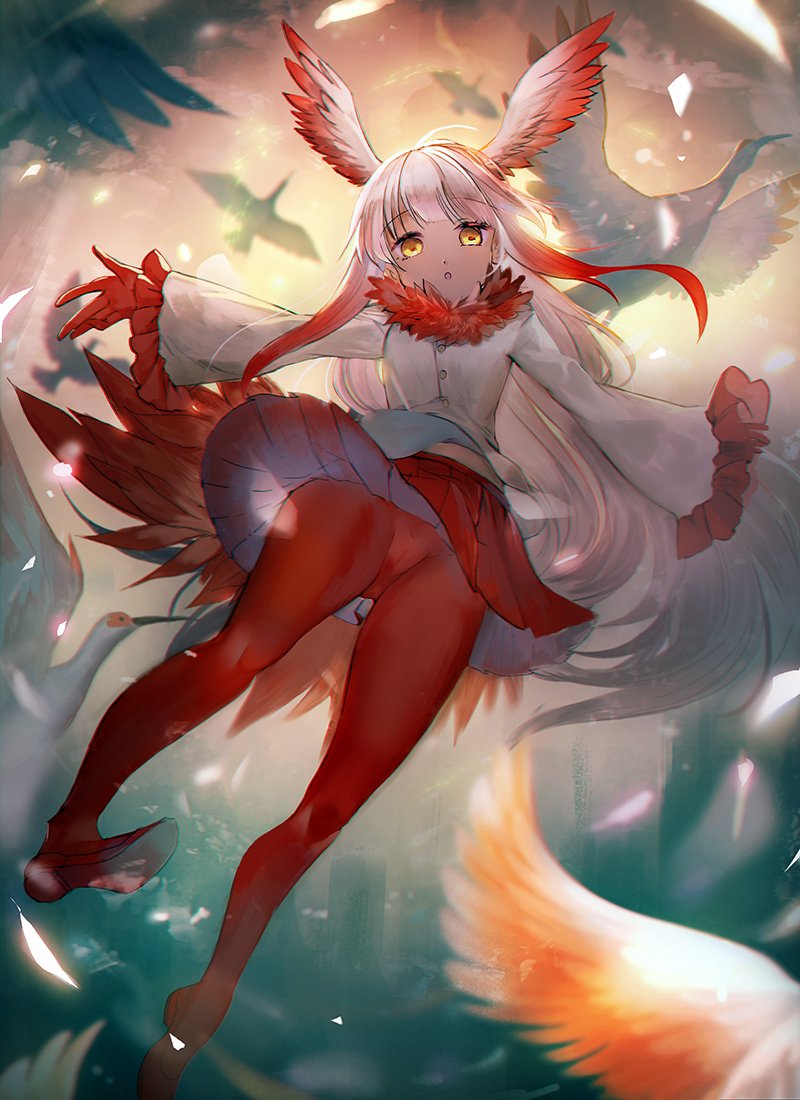 1girl animal bangs bird bird_wings blunt_bangs chinese_commentary commentary_request crested_ibis eyebrows_visible_through_hair feather_collar floating frilled_sleeves frills from_below full_body fuyouchu gloves gradient_hair head_wings japanese_crested_ibis_(kemono_friends) kemono_friends long_hair long_sleeves looking_at_viewer multicolored_hair open_mouth outstretched_arms pantyhose pleated_skirt red_footwear red_gloves red_legwear red_skirt redhead shirt shoes sidelocks skirt solo spread_arms very_long_hair white_hair white_shirt wide_sleeves wings yellow_eyes