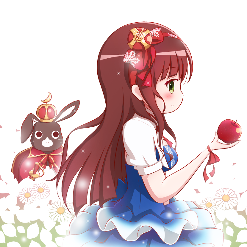 1girl animal anko_(gochiusa) apple blue_dress blush bow breasts brown_hair cape closed_mouth clothed_animal commentary_request crescent crown dress flower food fruit gochuumon_wa_usagi_desu_ka? goth_risuto green_eyes hair_bow hairband holding holding_food holding_fruit long_hair medium_breasts mini_crown profile puffy_short_sleeves puffy_sleeves rabbit red_apple red_bow red_cape red_hairband saber_(weapon) short_sleeves smile sword ujimatsu_chiya very_long_hair weapon white_background white_flower