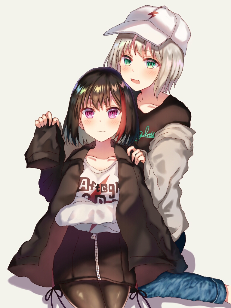 2girls aoba_moca bang_dream! baseball_cap black_hair black_jacket black_shirt blue_pants clothes_writing commentary_request denim eyebrows_visible_through_hair green_eyes grey_hair grey_jacket hat jacket jacket_on_shoulders jeans mitake_ran multicolored_hair multiple_girls nyacha_(tya_n_ya) off_shoulder open_clothes open_jacket pants pantyhose redhead shirt short_hair simple_background streaked_hair violet_eyes white_headwear white_shirt