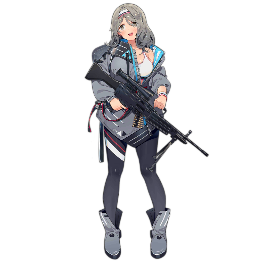 1girl :d bangs bipod blush boots bra breasts collarbone daewoo_k3 ddal eyebrows_visible_through_hair eyes_visible_through_hair full_body girls_frontline grey_eyes grey_footwear grey_hair grey_jacket grey_pants gun headband holding holding_gun holding_weapon jacket k3_(girls_frontline) large_breasts long_hair looking_at_viewer official_art open_mouth pants scope sidelocks smile solo transparent_background underwear upper_teeth weapon white_bra wristband