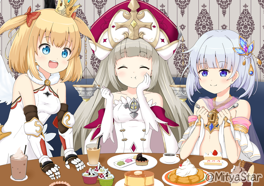 3girls :d :t ^_^ bangs bare_shoulders bendy_straw blue_eyes blush bow breasts cake closed_eyes closed_mouth collarbone commentary_request crown cup dress drinking_glass drinking_straw eating elbow_gloves eyebrows_visible_through_hair food fork fruit gauntlets gloves grey_hair hair_bow hair_ornament hand_on_own_cheek hat holding holding_fork holding_spoon keyhole long_hair maaru_(shironeko_project) medium_breasts miicha mini_crown multiple_girls open_mouth plate red_bow red_headwear rouche_(shironeko_project) round_teeth seat see-through shironeko_project short_hair silver_hair sitting slice_of_cake smile spoon strapless strapless_dress strawberry table teeth tina_(shironeko_project) twitter_username two_side_up upper_teeth very_long_hair weighing_scale white_dress white_gloves