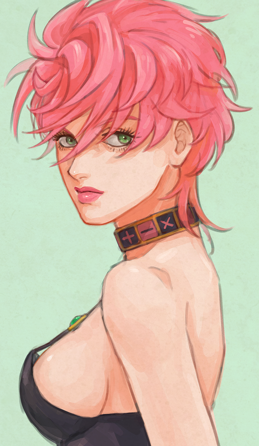 breasts choker commentary_request from_side green_background green_eyes highres jinnseigame jojo_no_kimyou_na_bouken looking_back medium_breasts pink_hair short_hair simple_background trish_una vento_aureo