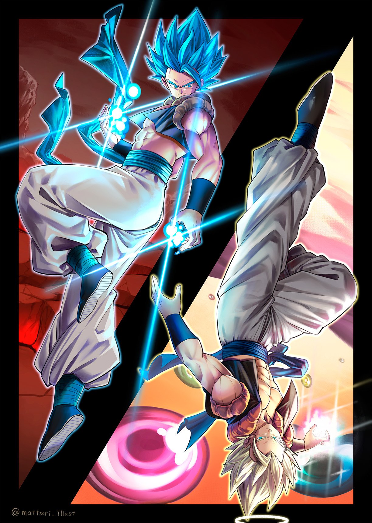 2boys abs arm_at_side back-to-back blonde_hair blue_eyes chest clothes_lift dragon_ball dragon_ball_super_broly dragon_ball_z energy energy_ball floating frown full_body gogeta halo highres leg_up light_rays looking_at_another looking_down male_focus mattari_illust multiple_boys muscle pants smile spiky_hair stardust_breaker super_saiyan super_saiyan_blue twitter_username upside-down vegetto waistcoat white_pants wind wind_lift wristband