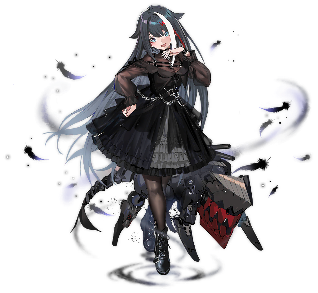 1girl :d :o alternate_costume anchor_symbol azur_lane bangs black_dress black_feathers black_footwear black_hair black_legwear blue_eyes blush boots breasts commentary_request cross cross-laced_footwear cross_earrings deutschland_(azur_lane) deutschland_(demon_princess'_dark_hour_banquet)_(azur_lane) dress earrings english_text feathers frilled_dress frills hand_on_hip hand_up jewelry lace-up_boots long_hair long_sleeves looking_at_viewer machinery multicolored_hair official_art open_mouth pantyhose parted_lips puffy_long_sleeves puffy_sleeves ran_(pixiv2957827) redhead see-through small_breasts smile solo standing streaked_hair tachi-e transparent_background very_long_hair white_hair