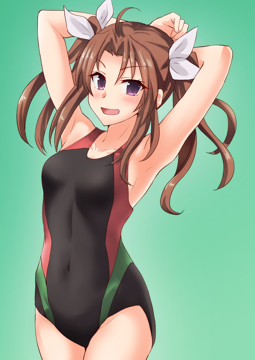 1girl ahoge alternate_costume anti_(untea9) arm_behind_head black_swimsuit brown_hair collarbone commentary_request competition_swimsuit covered_navel cowboy_shot flat_chest gradient gradient_background green_background hair_ribbon highres kagerou_(kantai_collection) kantai_collection long_hair looking_at_viewer one-piece_swimsuit open_mouth remodel_(kantai_collection) ribbon solo swimsuit twintails twitter_username violet_eyes white_ribbon