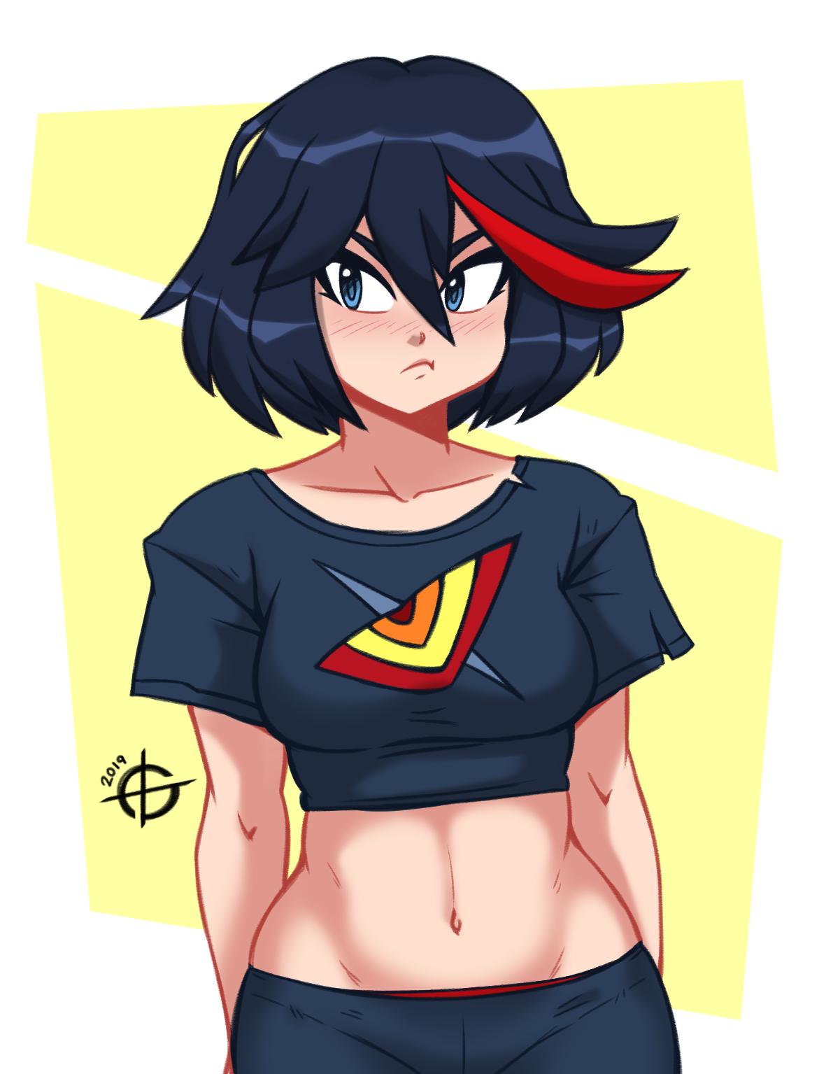 1girl 2019 arms_at_sides black_hair blue_eyes blush closed_mouth collarbone crop_top eyebrows_visible_through_hair highres kill_la_kill looking_at_viewer matoi_ryuuko multicolored_hair navel pouty_lips redhead short_hair short_sleeves solo taggo two-tone_hair