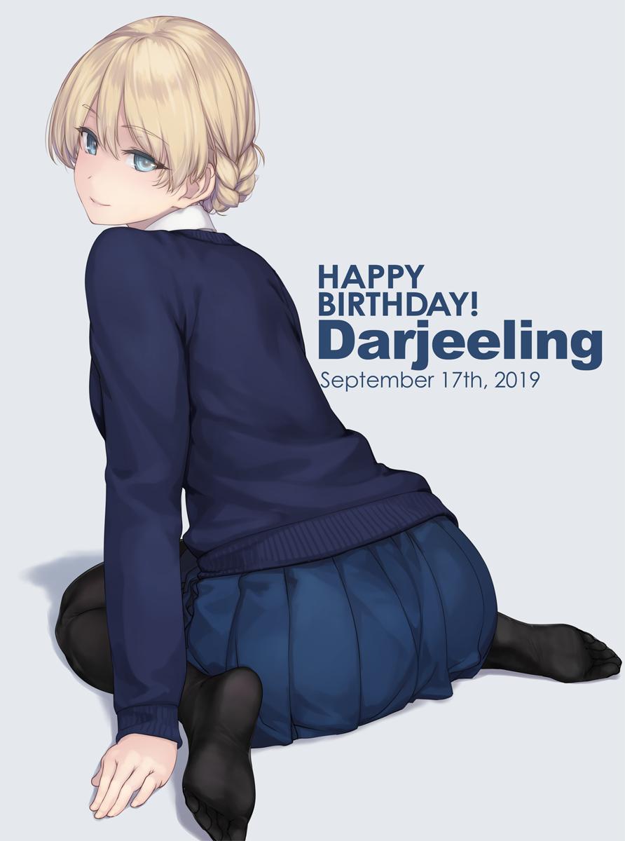 1girl bangs black_legwear blonde_hair blue_eyes braid cardigan character_name darjeeling dated girls_und_panzer happy_birthday highres kneeling looking_at_viewer looking_back pantyhose pleated_skirt rokuwata_tomoe school_uniform simple_background sitting skirt smile solo st._gloriana's_school_uniform tied_hair wariza