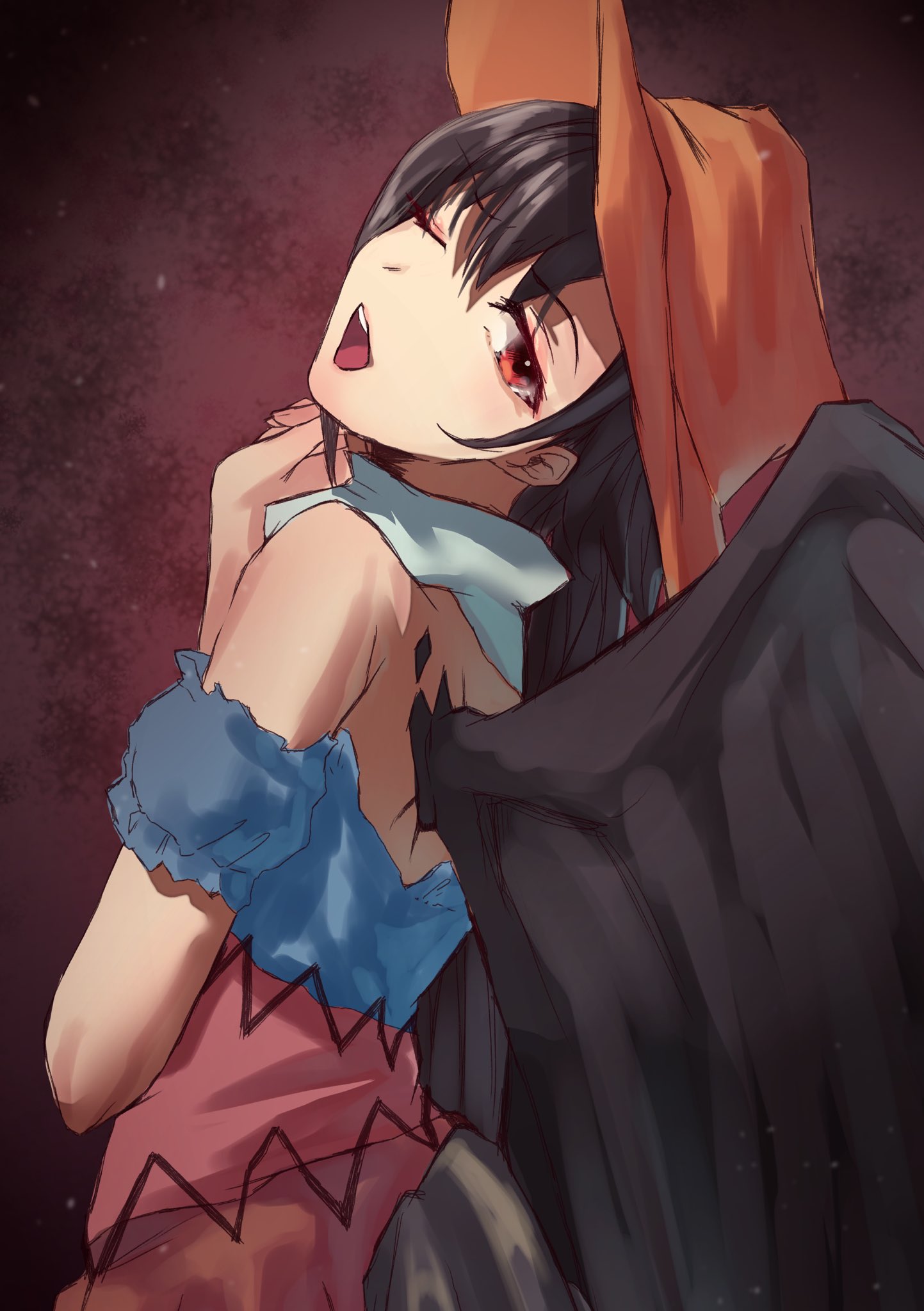 1girl ;d bandana bangs bare_shoulders black_hair black_wings blue_shirt brown_background brown_headwear commentary_request cowboy_hat eyebrows_visible_through_hair feathered_wings hair_between_eyes hand_up hat hayasumi_(_holiday_ha) head_tilt highres kurokoma_saki long_hair looking_at_viewer looking_back off-shoulder_shirt off_shoulder one_eye_closed open_mouth pink_skirt puffy_short_sleeves puffy_sleeves red_eyes shirt short_sleeves skirt smile solo touhou upper_body wings