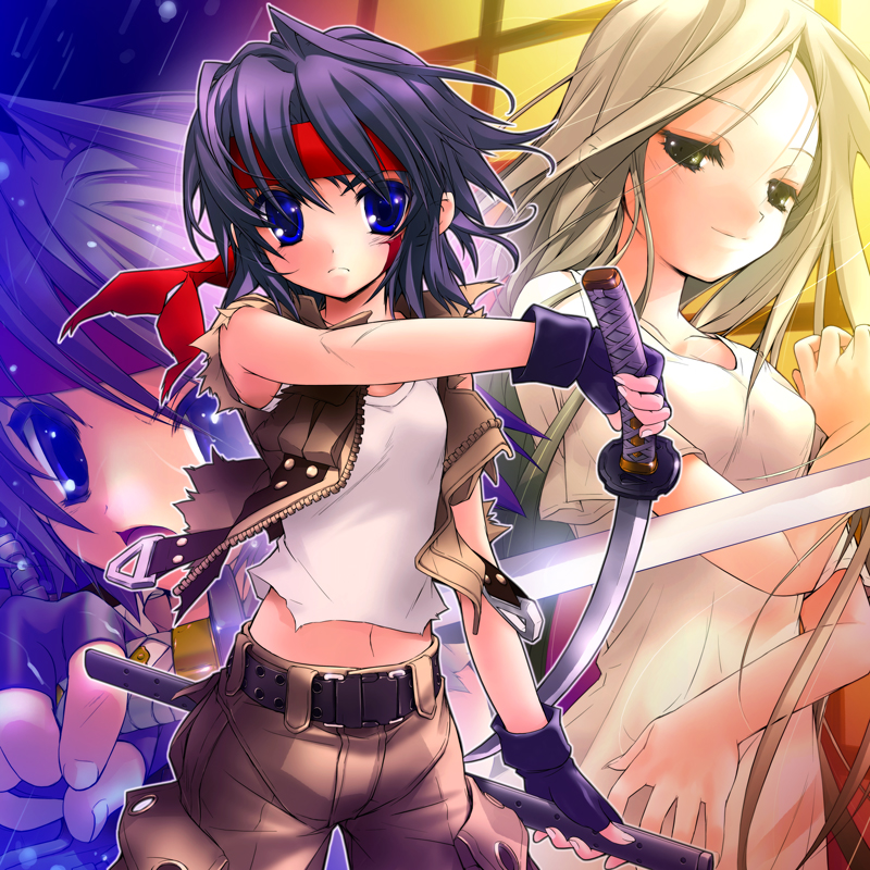 2girls belt black_belt black_gloves black_hair blonde_hair blue_eyes brown_eyes brown_jacket brown_shorts closed_mouth commentary_request cutoffs eyelashes fingerless_gloves frown gloves gotou_nao half-closed_eyes headband holding holding_sword holding_weapon jacket katana long_hair looking_at_viewer midriff multiple_girls navel open_clothes open_jacket original red_headband shirt shorts sleeveless sleeveless_jacket sleeveless_shirt smile standing sword weapon white_shirt