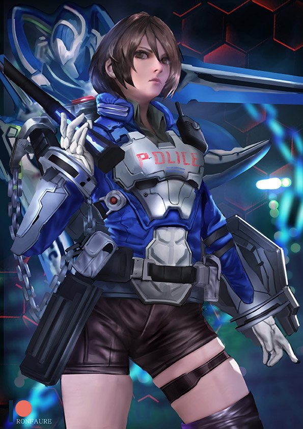 1girl akira_howard artist_request astral_chain brown_eyes brown_hair chain gloves hair_ornament jacket long_sleeves looking_at_viewer police police_uniform short_hair simple_background solo thick_lips uniform weapon