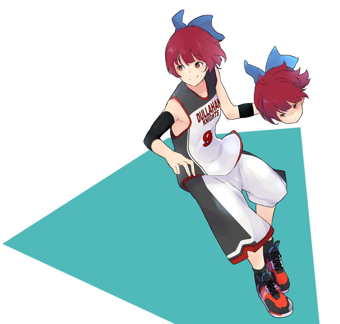 1girl ahoge basketball basketball_uniform blue_bow bow closed_mouth commentary disembodied_head dribbling english_text eyebrows_visible_through_hair full_body hair_bow mknongr red_eyes redhead sekibanki shaded_face shoes short_hair shorts sleeveless smile sneakers solo sportswear touhou