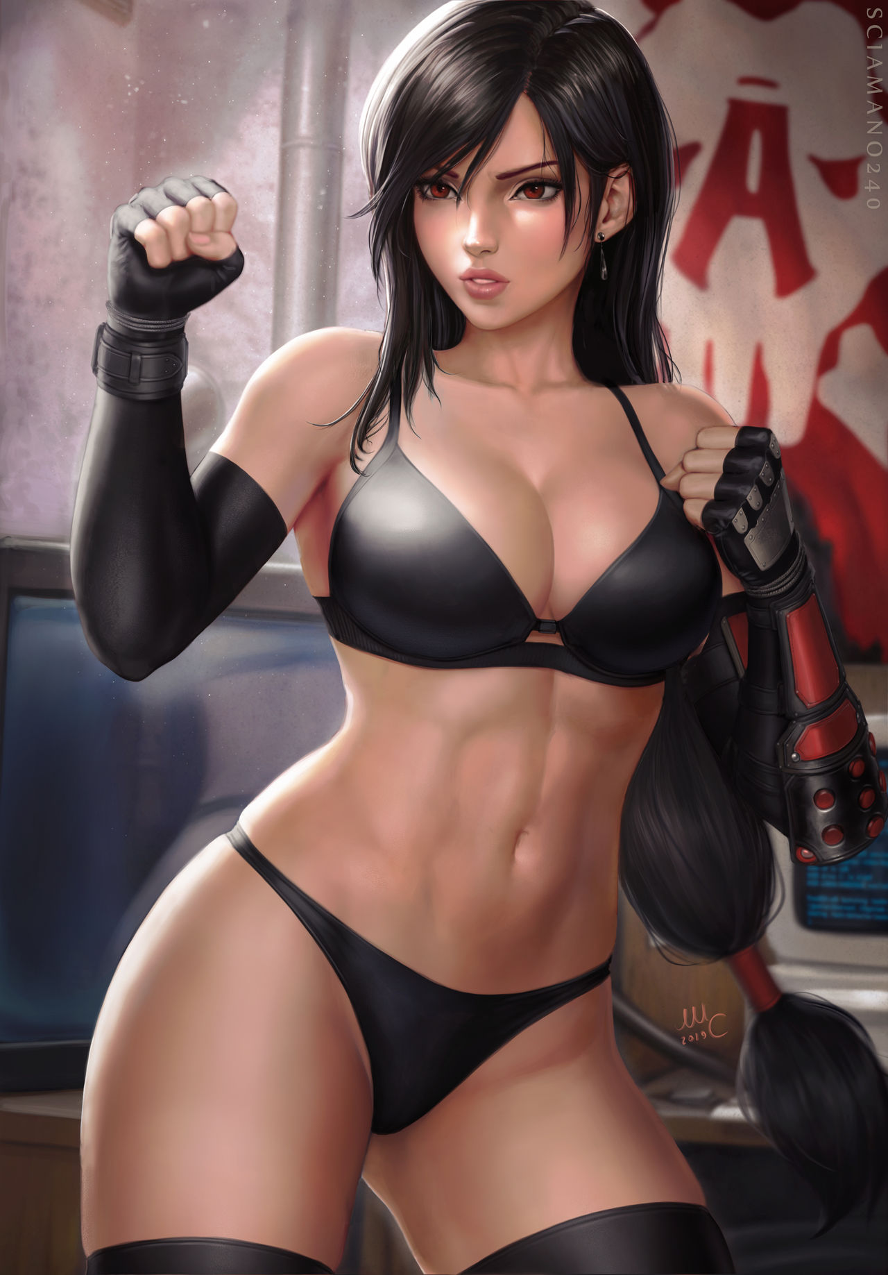 1girl black_bra black_panties bra breasts final_fantasy final_fantasy_vii final_fantasy_vii_remake gloves highres large_breasts navel panties sciamano240 solo tifa_lockhart underwear