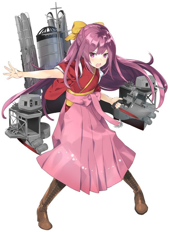 1girl adapted_turret anchor bangs blush boots bow commentary_request cross-laced_footwear depth_charge eyebrows_visible_through_hair full_body gradient_hair gun hakama hip_vent holding holding_gun holding_weapon japanese_clothes kamikaze_(kantai_collection) kantai_collection kimono lace-up_boots long_hair looking_at_viewer machinery mast meiji_schoolgirl_uniform multicolored_hair nyoriko open_mouth outstretched_arm pink_hair pink_hakama pose purple_hair red_kimono ribbon rigging round_teeth simple_background smokestack solo tasuki teeth torpedo torpedo_launcher torpedo_tubes turret violet_eyes weapon white_background yellow_bow yellow_ribbon