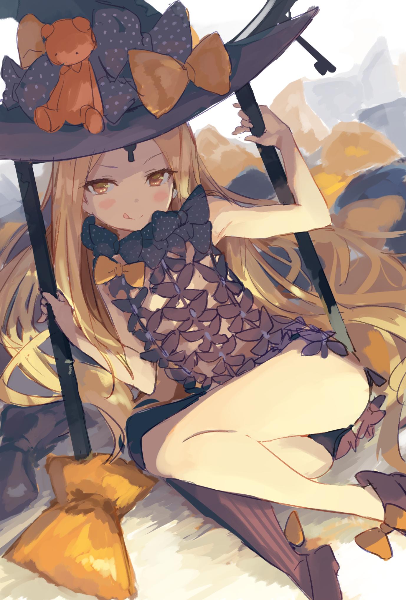 1girl :p abigail_williams_(fate/grand_order) armpits bangs black_bow black_panties blonde_hair bow fate/grand_order fate_(series) forehead hat highres keyhole long_hair looking_at_viewer multiple_bows nishin_(nsn_0822) orange_bow panties pantyshot pantyshot_(sitting) parted_bangs polka_dot polka_dot_bow sitting solo stuffed_animal stuffed_toy teddy_bear tongue tongue_out underwear very_long_hair witch_hat yellow_eyes