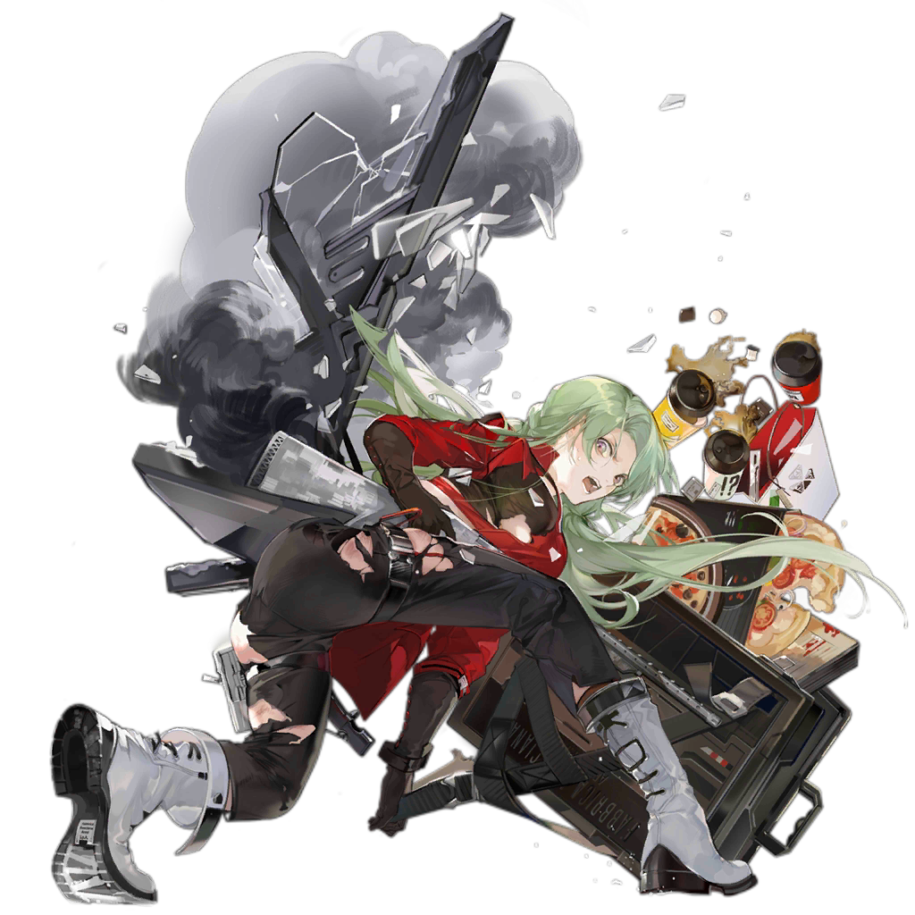 1girl alternate_costume angry animal_ears antlers ass black_gloves black_legwear black_pants boots christmas debris denim facial_mark fake_animal_ears fp-6_(girls_frontline) gift girls_frontline gloves green_hair ground_vehicle jacket jeans long_hair long_pants looking_at_viewer motor_vehicle nineo official_art open_mouth pants red_jacket scooter solo star torn_clothes torn_jacket very_long_hair white_footwear