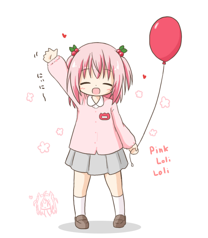 1girl :d arm_up balloon bangs blush brown_footwear character_name closed_eyes collared_shirt eyebrows_visible_through_hair full_body grey_skirt hair_bobbles hair_ornament holding holding_balloon kneehighs loafers long_hair long_sleeves open_mouth original pigeon-toed pink_hair pink_loli_(rinechun) pink_shirt pleated_skirt puffy_long_sleeves puffy_sleeves rinechun rinechun's_blonde_dog_girl shadow shirt shoes skirt smile solo standing two_side_up white_background white_legwear