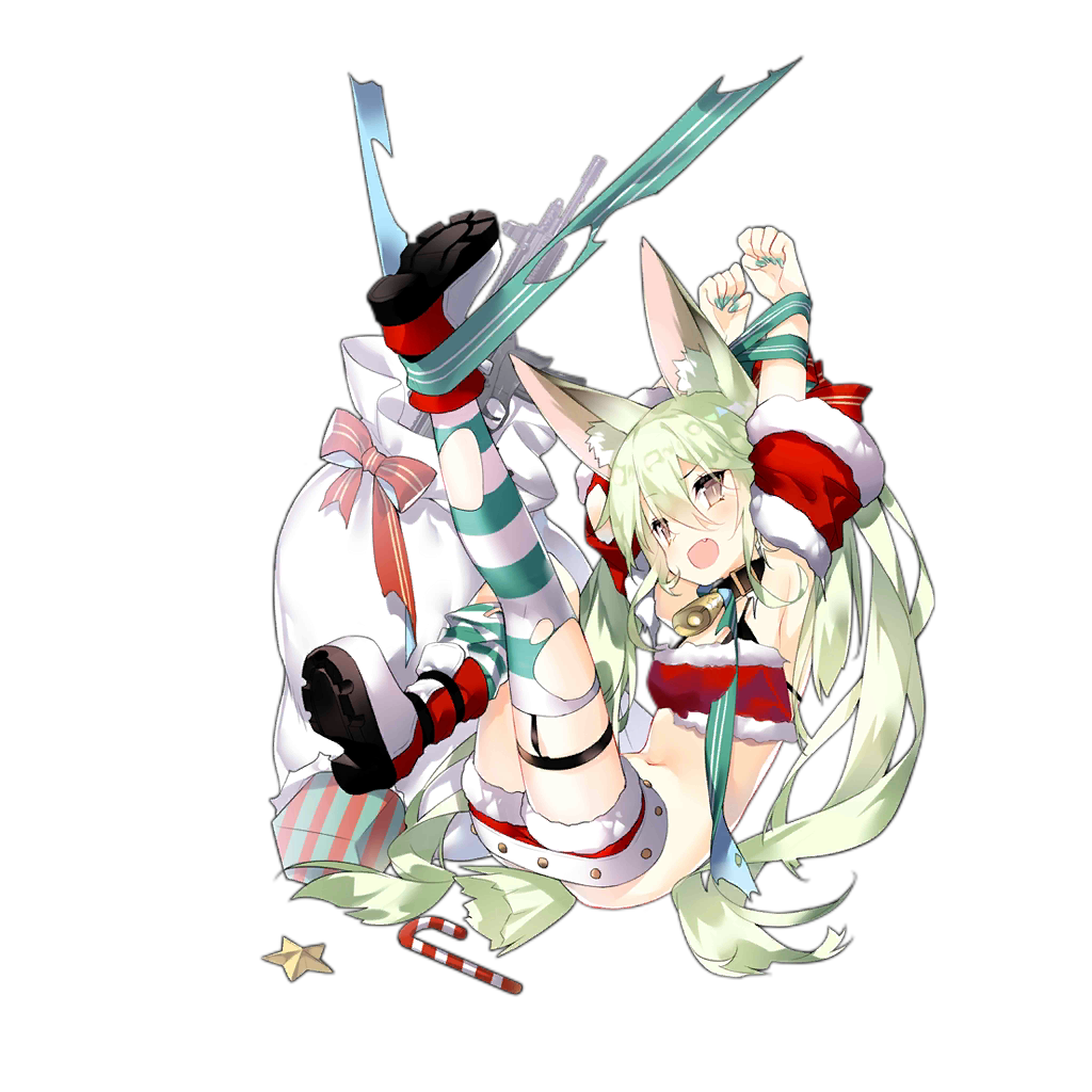 1girl alternate_costume animal_ear_fluff animal_ears art556_(girls_frontline) assault_rifle bangs bell bell_collar blonde_hair boots bow bowtie brown_eyes collar eyebrows_visible_through_hair girls_frontline gun hair_between_eyes hair_ornament hands_up jacket leg_up long_hair looking_at_viewer official_art open_mouth red_jacket ribbon rifle rifle_on_back santa_costume saru short_shorts shorts smile solo star stomach striped striped_legwear tail taurus_art556 thigh-highs torn_clothes transparent_background twintails very_long_hair weapon