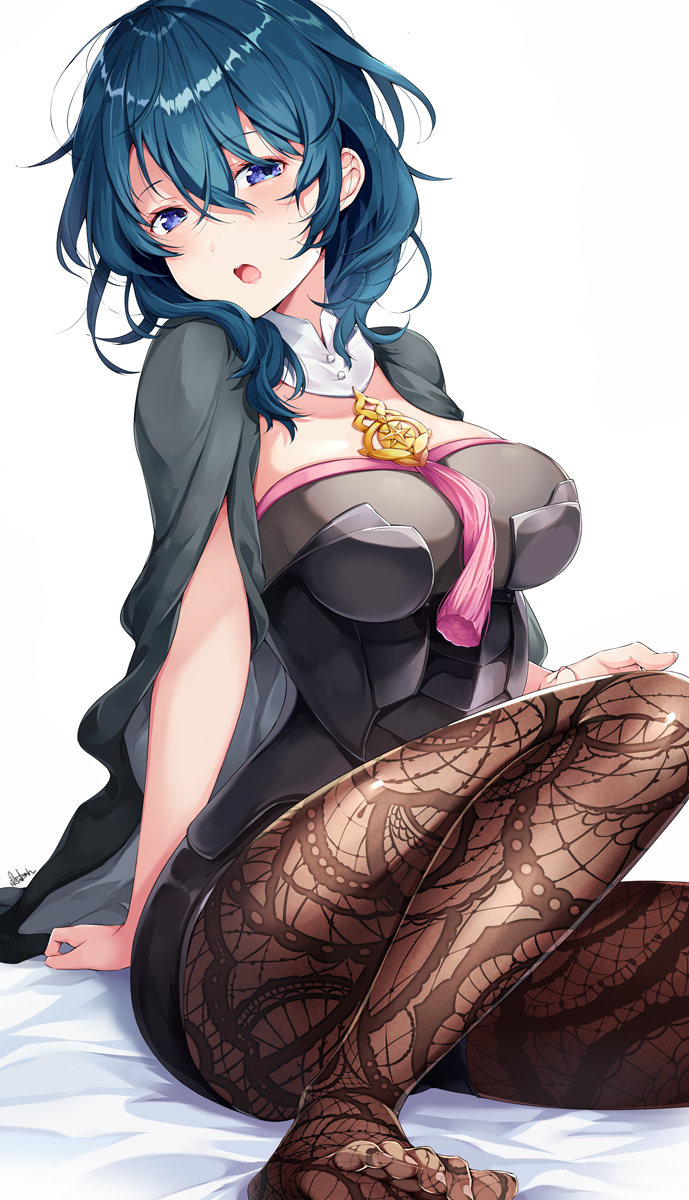 1girl :o bangs black_cape black_shorts blue_eyes blue_hair blush breasts brown_legwear byleth_(fire_emblem) byleth_eisner_(female) byleth_eisner_(female) cape eyebrows_visible_through_hair feet fire_emblem fire_emblem:_three_houses fire_emblem:_three_houses fire_emblem_16 hair_between_eyes head_tilt highres impossible_clothes intelligent_systems knee_up large_breasts looking_at_viewer moe nintendo no_shoes open_mouth pantyhose ringozaka_mariko short_hair shorts signature simple_background sitting solo tassel toes white_background