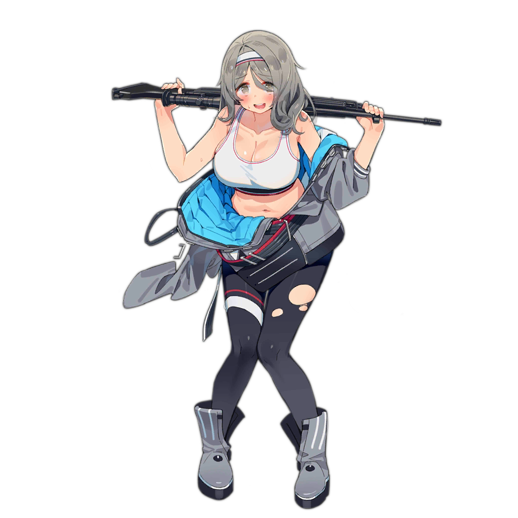 1girl :d bangs bare_shoulders bipod blush boots bra breasts collarbone daewoo_k3 ddal eyebrows_visible_through_hair eyes_visible_through_hair full_body girls_frontline grey_eyes grey_footwear grey_hair grey_jacket grey_pants gun headband holding holding_gun holding_weapon jacket jacket_pull k3_(girls_frontline) large_breasts long_hair looking_at_viewer navel official_art open_mouth pants scope sidelocks smile solo sweatdrop torn_clothes transparent_background underwear upper_teeth weapon white_bra wristband