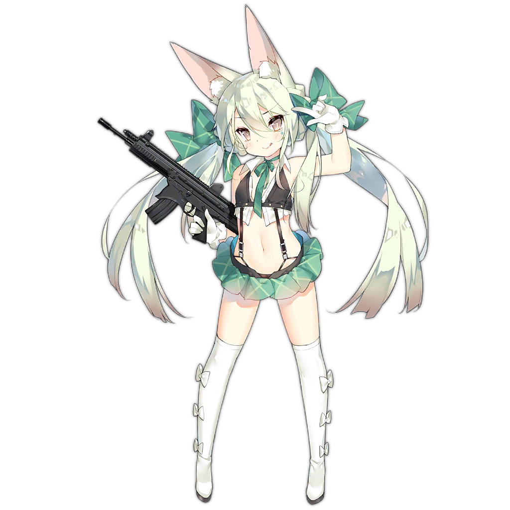 1girl :q animal_ear_fluff animal_ears arm_up art556_(girls_frontline) assault_rifle bangs black_bikini_top blush boots bow brown_eyes closed_mouth collared_shirt commentary crop_top eyebrows_visible_through_hair flat_chest full_body girls_frontline gloves green_bow green_hair green_neckwear green_ribbon green_skirt gun hair_between_eyes hair_bow hair_ribbon hand_up holding holding_gun holding_weapon long_hair looking_at_viewer microskirt midriff navel neck_ribbon object_namesake official_art over-kneehighs pleated_skirt ribbon rifle saru shadow shiny shiny_hair shirt skirt sleeveless smile solo standing suspender_skirt suspenders taurus_art556 thigh-highs thigh_boots tongue tongue_out transparent_background twintails weapon white_footwear white_gloves white_legwear white_shirt