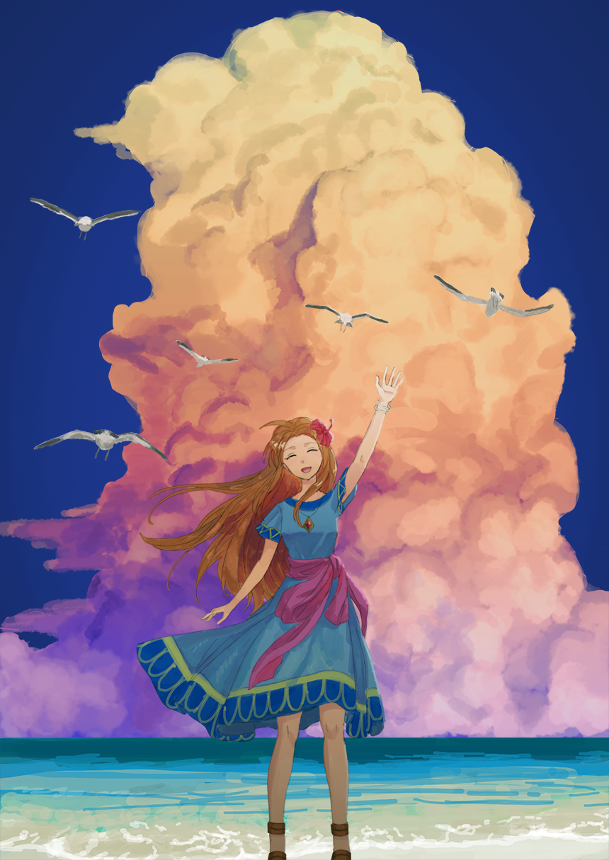 1girl bird blue_dress blue_sky bracelet brown_hair closed_eyes clouds day dress facing_viewer flower full_body hair_flower hair_ornament highres jewelry kiyomoppi long_hair marin_(the_legend_of_zelda) necklace ocean outdoors sash seagull short_sleeves sky smile solo standing the_legend_of_zelda the_legend_of_zelda:_link's_awakening very_long_hair waving